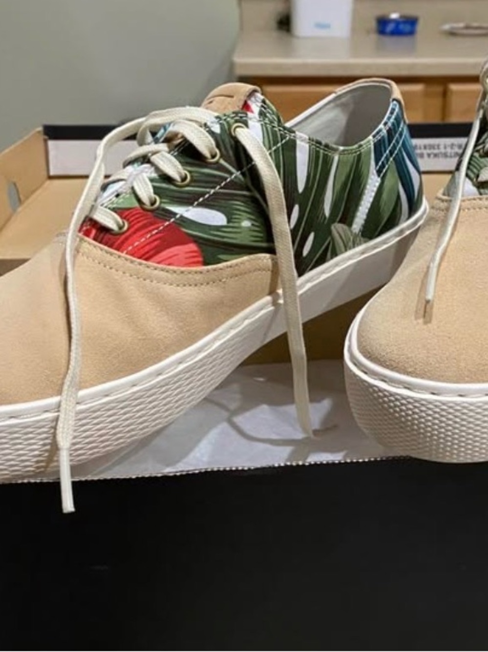 New-Cole Haan Beige Suede-Look Sneakers with Green Tropical Print and Red Accent